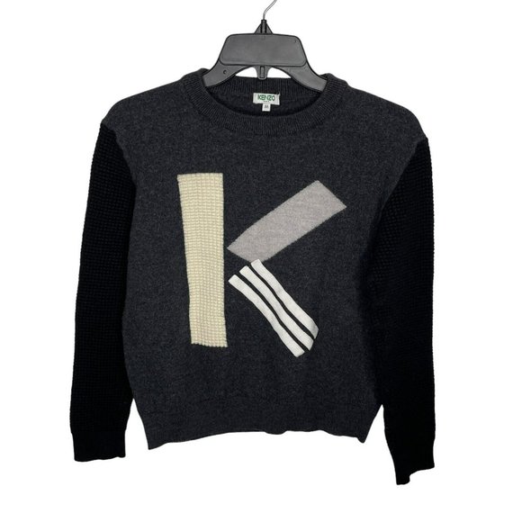 Kenzo Gray Black Colorblock Logo Wool Sweater - Picture 1 of 7
